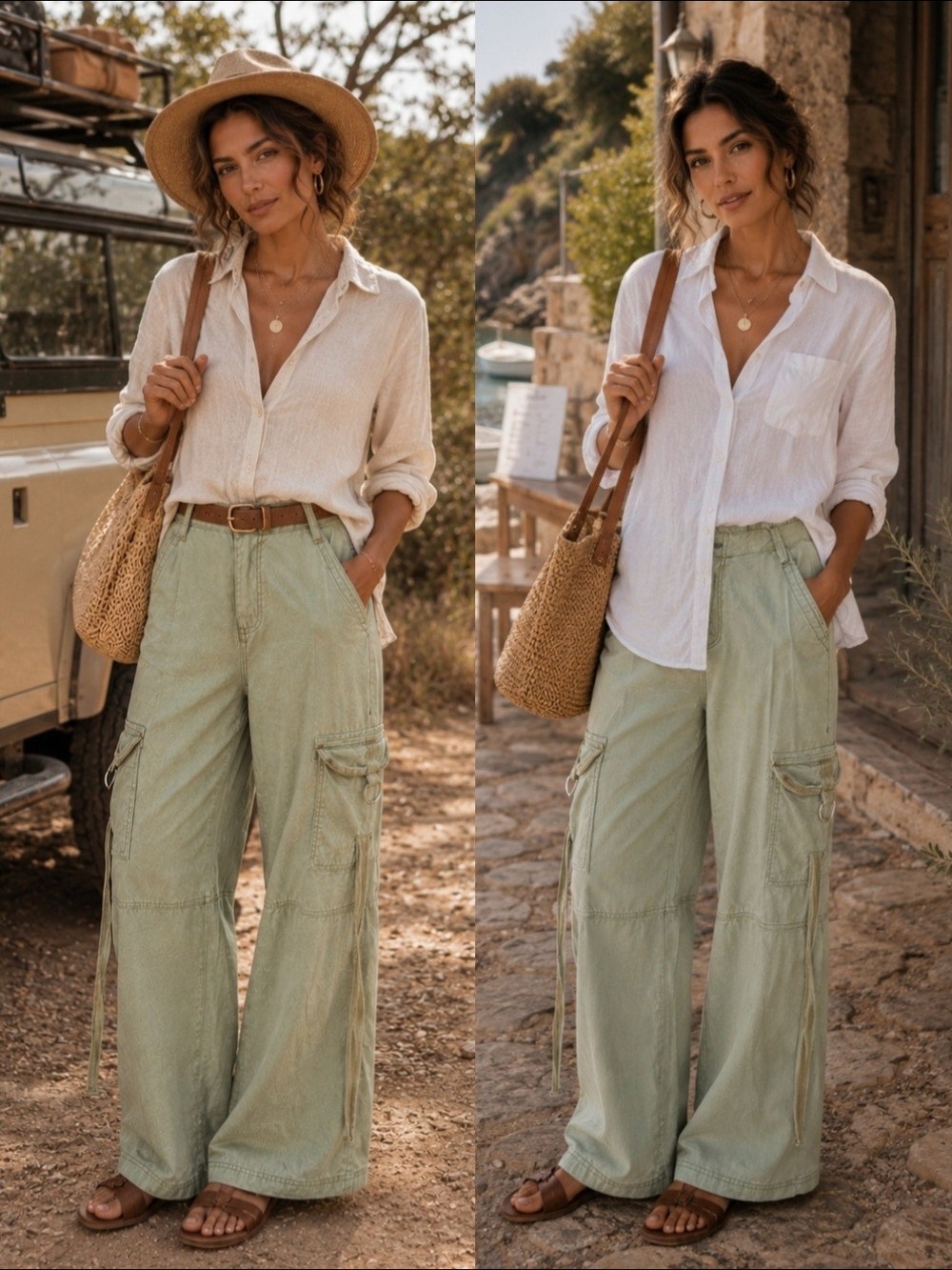 LOVE VEGAN Sage Green Wide Leg Cargo Pants Size 11/31 | Utility Boho Traveler - Picture 3 of 6